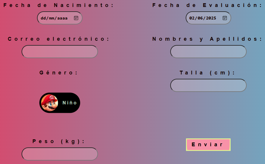 Formulario simplificado para ingresar datos antropométricos: peso, talla y circunferencia cefálica